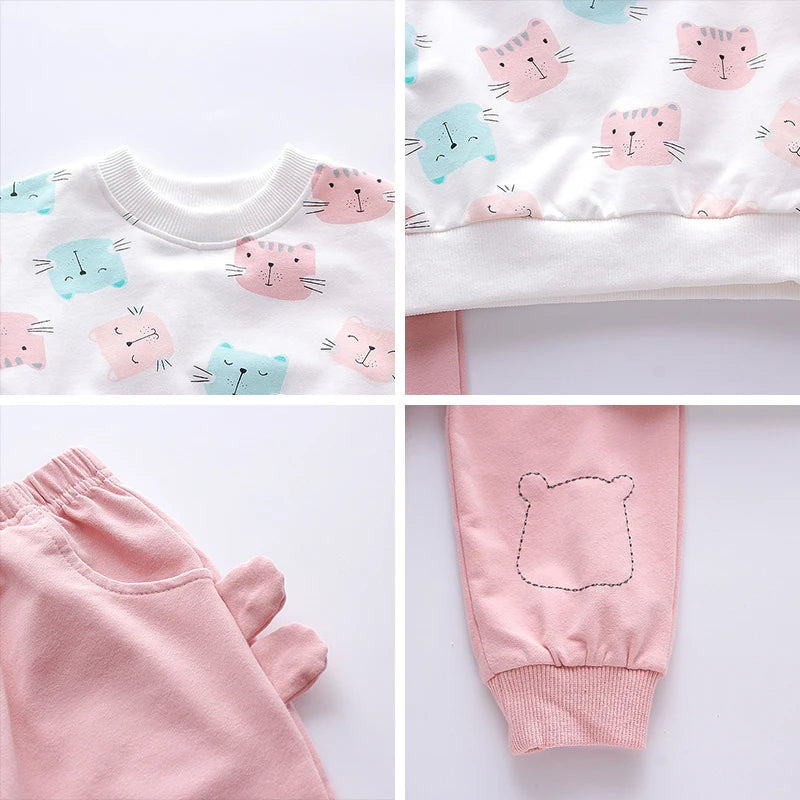 1-4 Years Old Baby Girl Casual Clothing Sets Toddler Kids Catoon Cat Printing Sweatshirt Tops Pants 2Pcs Clothes Spring Costume