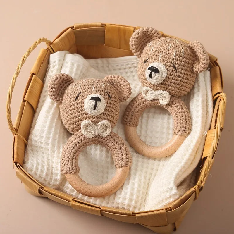 1pc Baby Rattles Crochet Bunny Rattle Toy Wood Ring Baby Teether Rodent Baby Gym Mobile Rattles Newborn Educational Toys Gifts