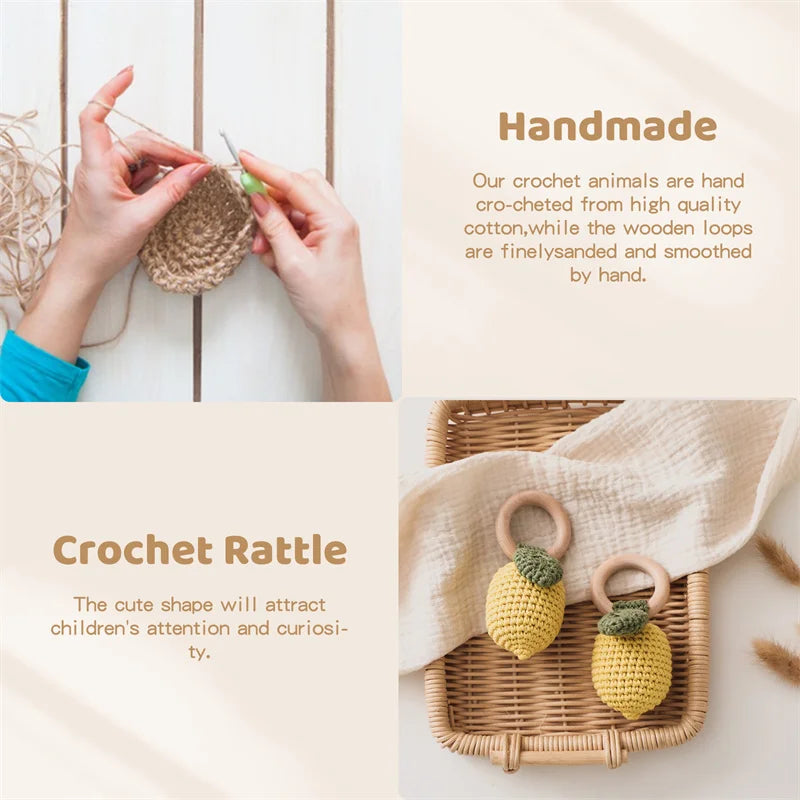 1PC Baby Lemon Crochet Ratter Toys Wood Teether Fruit Cotton Music Rattle Baby Teether Rodent Infant Gym Mobile Rattles Toy Gift